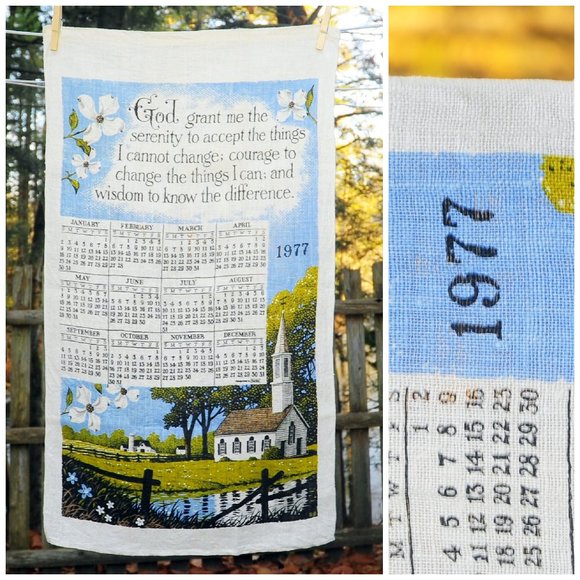 Vintage 1977 Serenity Prayer Calendar Towel Country Church by Stream AA Kay Dee